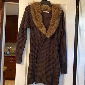 Old Navy Belted Fur Collar Brown/Gray Duster  Sweater Medium 19”W x 32”L